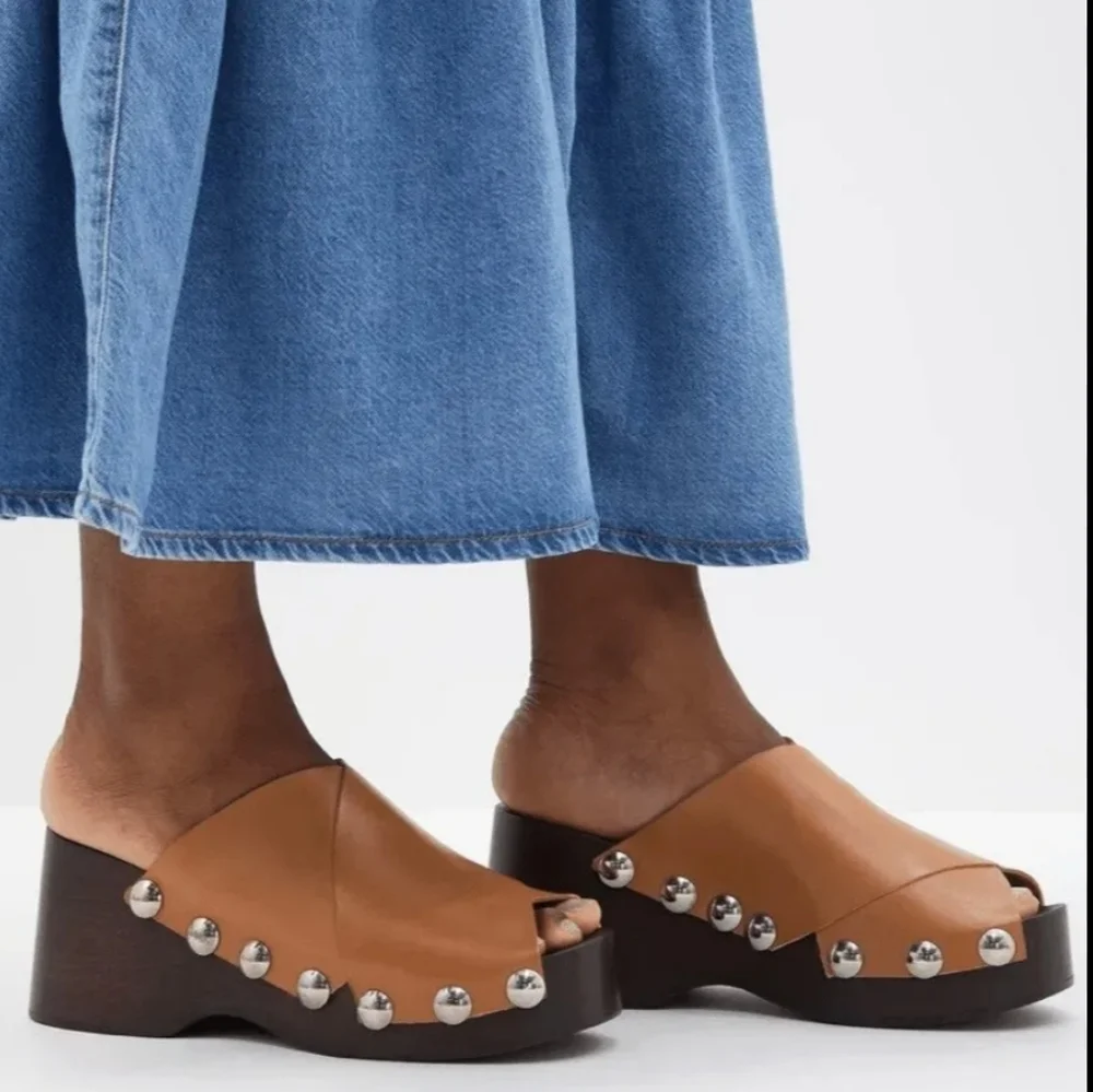 Final Price Ganni Retro Leather Platform Clogs Mules Sandal Tigers Eye MSRP $575 - Picture 7 of 17